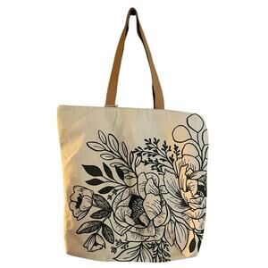 MINTED Canvas Cotton Floral Black White Design Snap Closure Leather Straps Tote